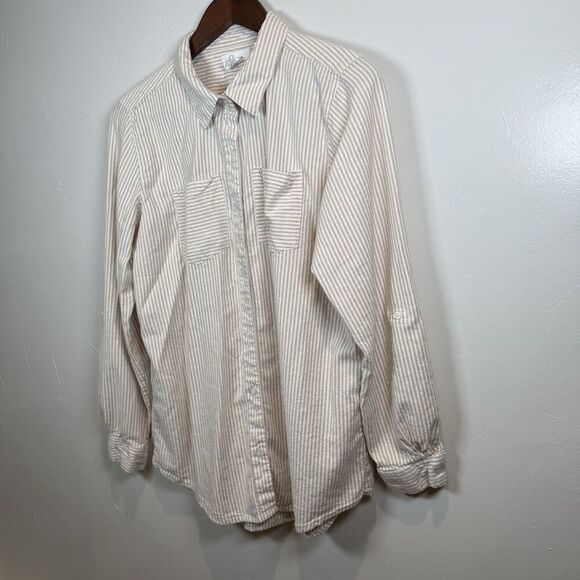 Japna Tan White Striped Long Sleeve Button Shirt Size Large Beach Boho Rolltab - Picture 4 of 13